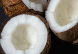 Fresh coconuts on organic farm Tamil Nadu India, Coconut milk powder creamy white, Happy Cacao latte frothed, Coconut farmer harvesting by hand, MCT fat energy diagram