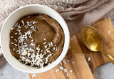 healthy avocado chocolate mousse with happy cacao ceremonial cacao powder, creamy plant based chocolate dessert with vanilla protein, 5 minute healthy chocolate protein mousse in serving glasses