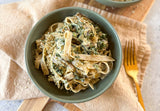 vegan mushroom pasta with silky tofu cashew sauce, plant based cheese sauce pasta tossed with sautéed mushrooms and kale, healthy mushroom pasta dinner one pan 30 minutes